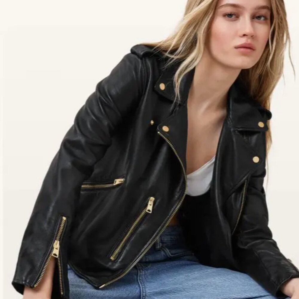 ALLSAINTS leather biker jacket - black / gold hardware  retail $619